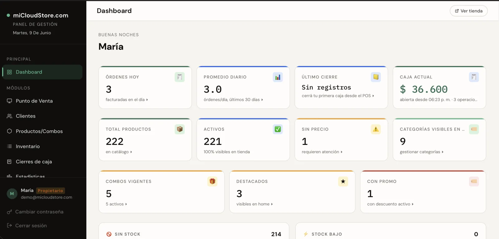 Panel de administración de MiCloudStore: resumen con órdenes, productos, combos y categorías.