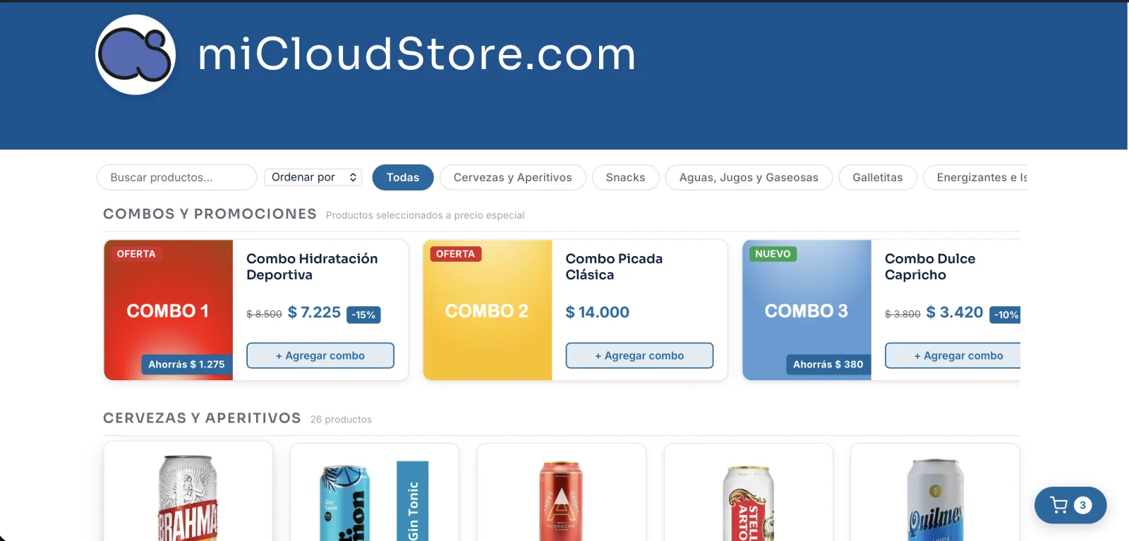 Catálogo público de MiCloudStore con buscador, filtros por categoría y tarjetas de producto.