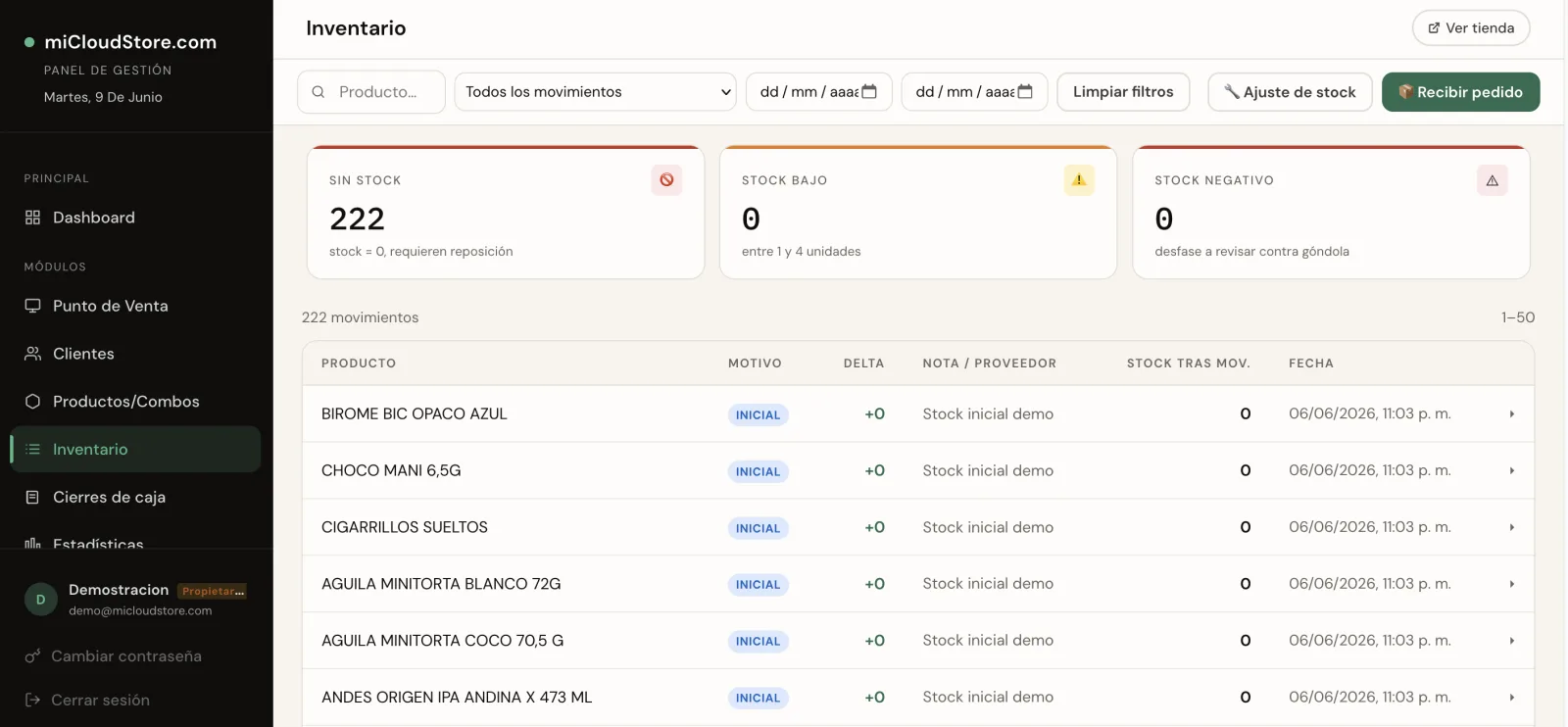 Pantalla de inventario de MiCloudStore: existencias, alertas de stock y movimientos por producto.