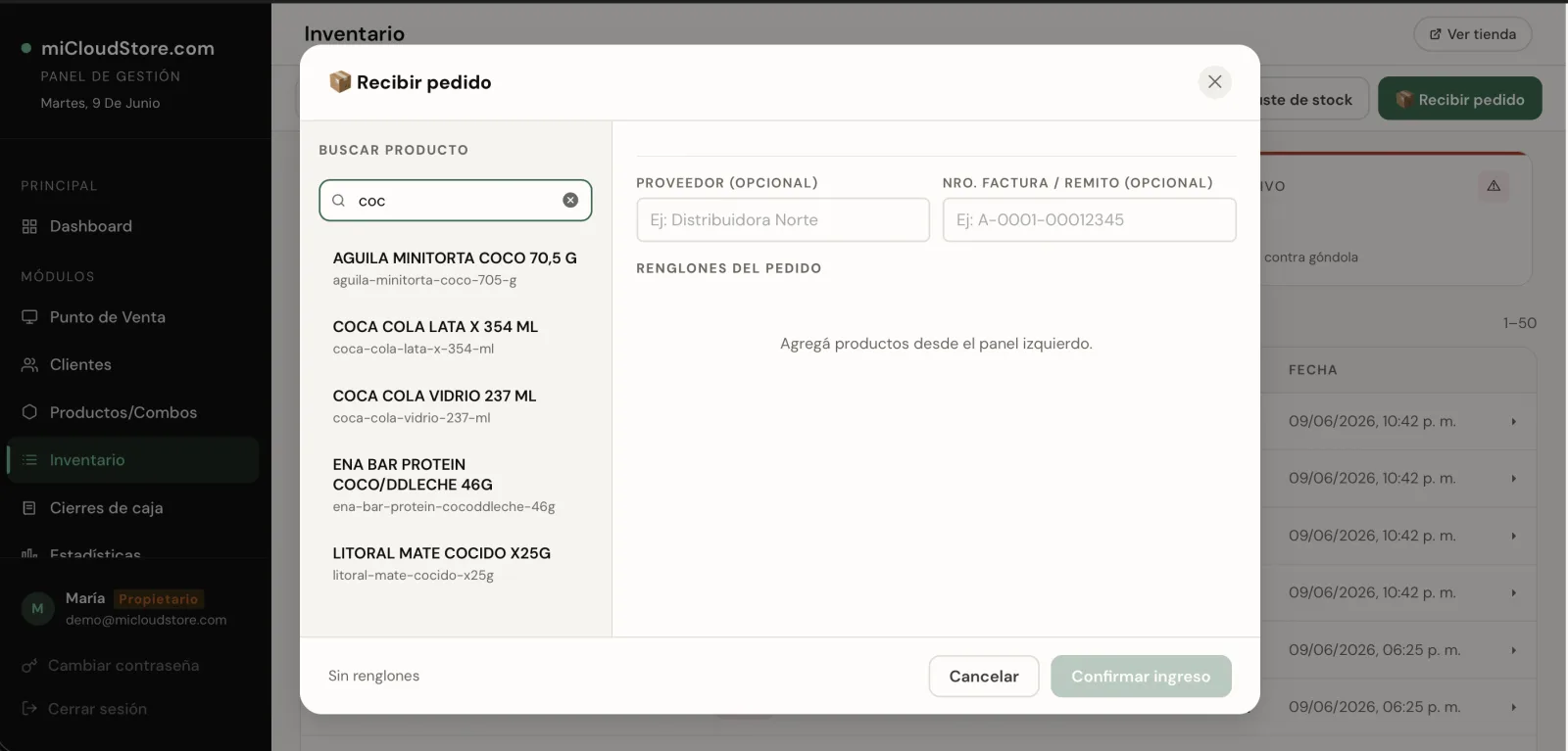 Recepción de un pedido en MiCloudStore: buscador de productos por nombre o código, con proveedor y número de remito.